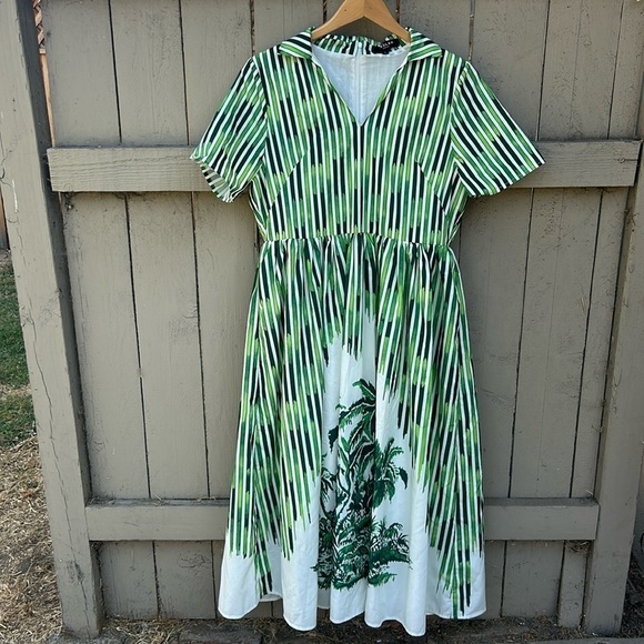 Beulah Style Florida Green Palm Fit and Flare Dress Tropical Hawaiian Vacation L - Picture 1 of 7